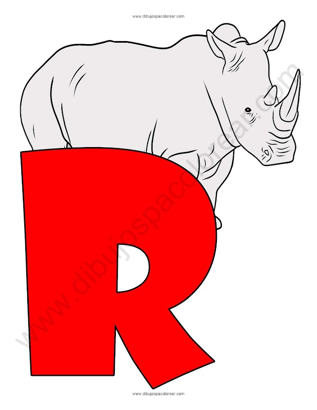 Letra R Rinoceronte abecedario dibujo a color y para colorear